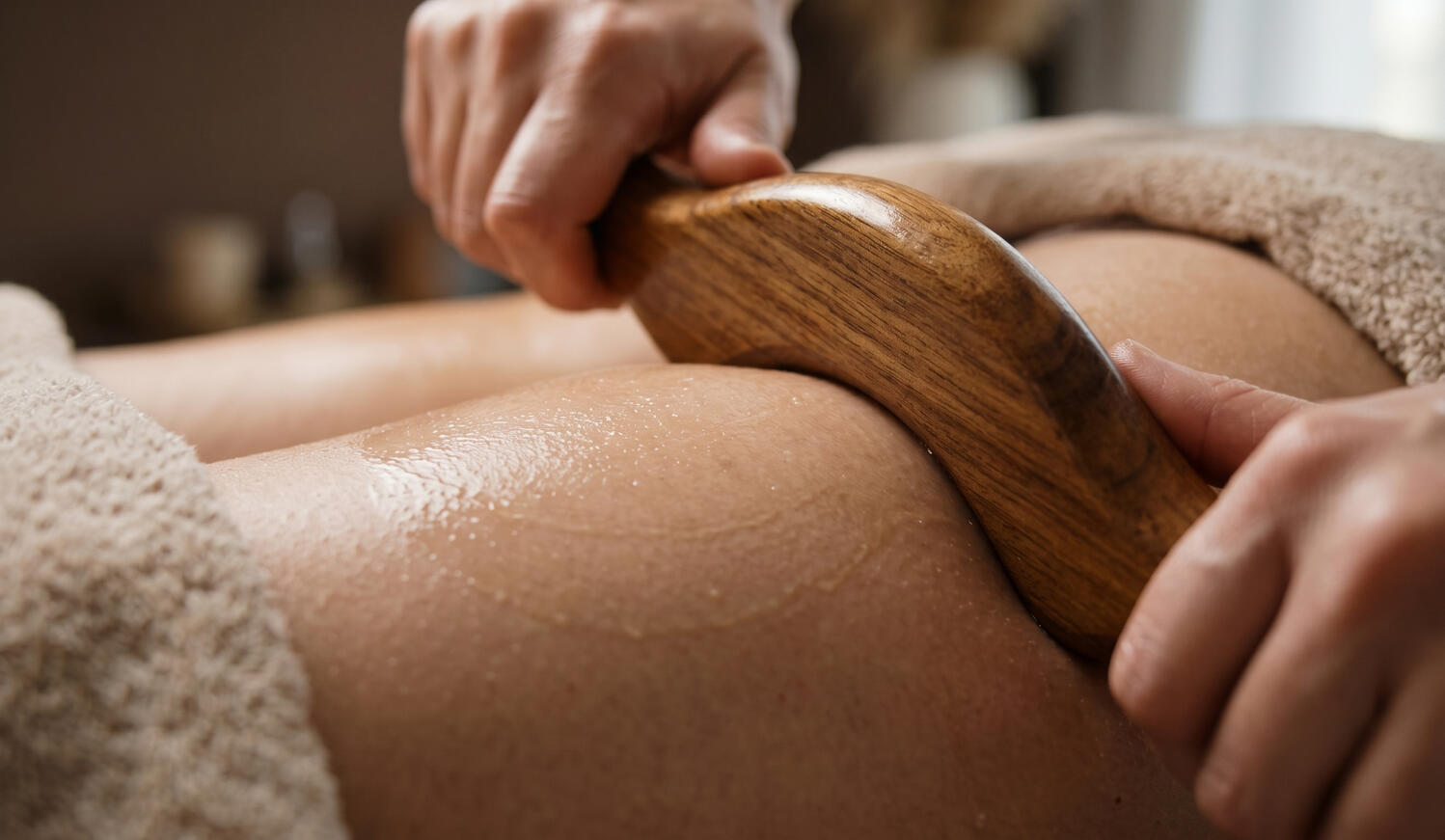 Modelado Corporal Sesión de maderoterapia reductora con rodillo de madera y aceites.